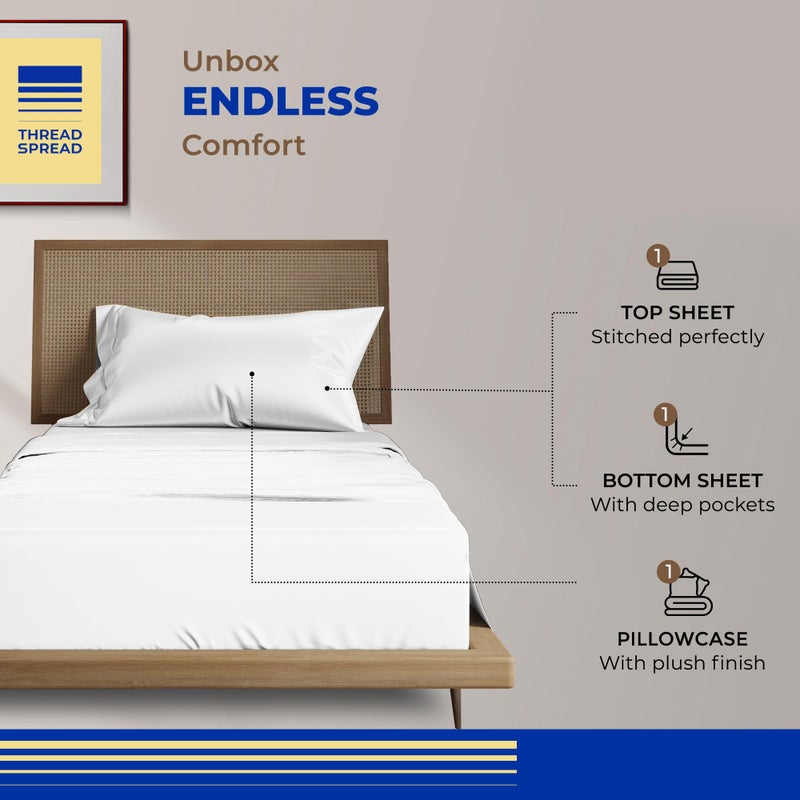 THREAD SPREAD 100% Egyptian Cotton Sheets Twin Size - 800 High Thread Count 3 PC Extra Long Twin Sheets for Dorm, 16" Deep Pocket Soft Cooling Sheets, Luxury Hotel Bed Sheets for Twin Size Bed - White - Image 3